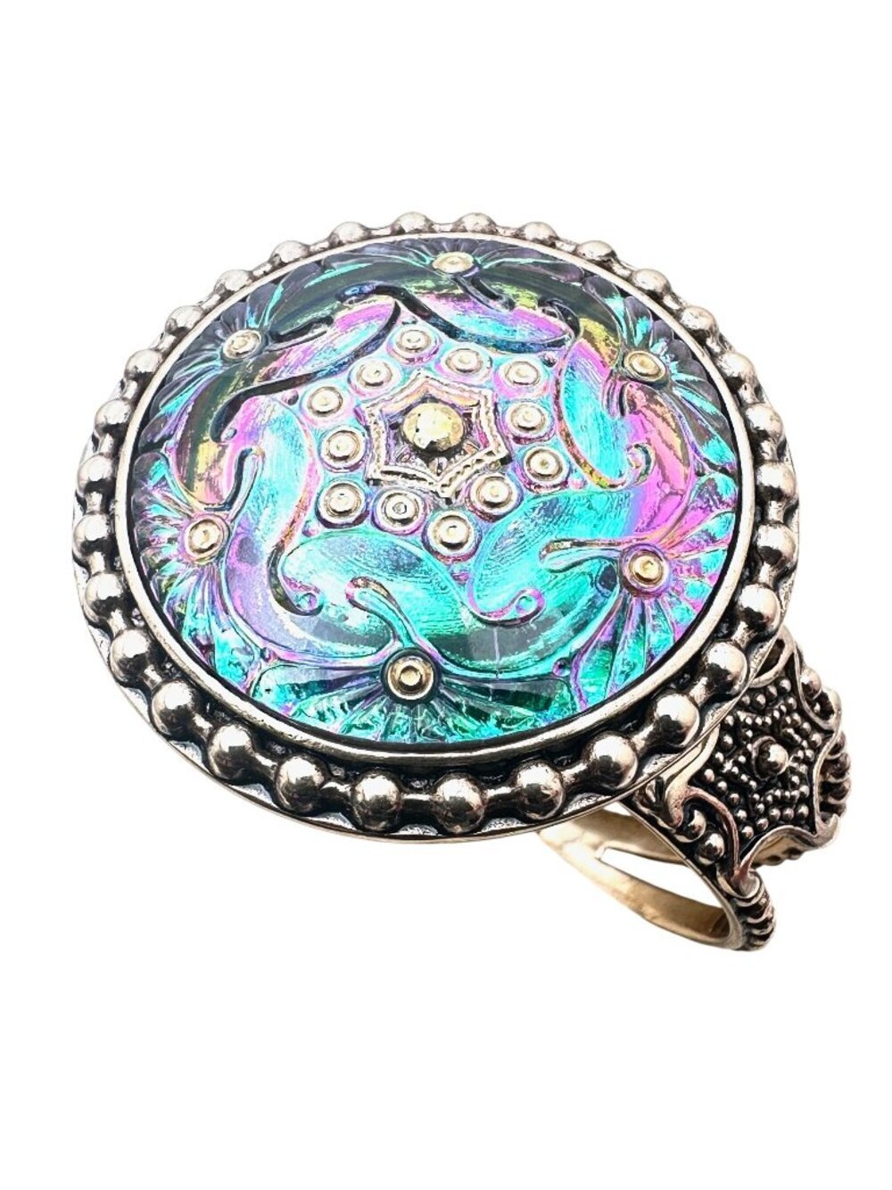 Amy Kahn Russell Opalescent Glass Medallion Cuff Bracelet Bronze 7.5 Inch